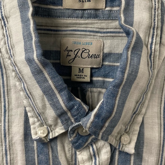 Men's J. Crew Irish Linen Button Down - Slim Medium - White, Blue, Grey Stripes - Picture 3 of 5